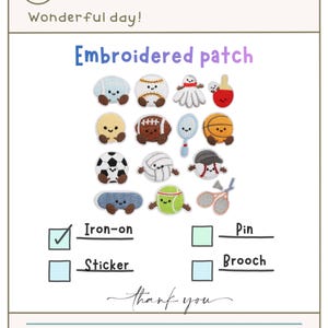 Puede incluir: Imagen que presenta parches bordados con forma de diversos balones y equipamiento deportivo, incluyendo una pelota de béisbol, baloncesto y tenis. El texto "Embroidered patch" se muestra en la parte superior, con opciones para planchar, pegatina, pin y broche.