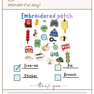 Puede incluir: Una variedad de parches bordados coloridos, incluyendo un pasaporte, un gato, una rana, sushi y más. El texto "Embroidered patch" está en la parte superior. Las opciones son "Iron-on", "Pin", "Brooch" y "Sticker".