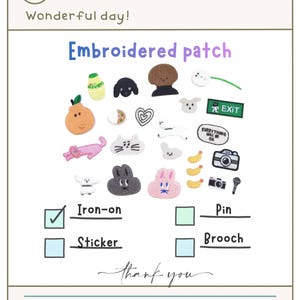 Puede incluir: Imagen de varios parches bordados con diferentes diseños, incluyendo animales, comida y texto. Los parches están etiquetados como para planchar, pin, pegatina y broche. El texto "Embroidered patch" se muestra en la parte superior. También incluye el texto "Wonderful day!"