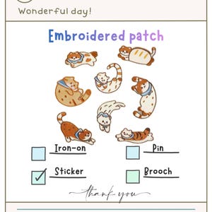 Puede incluir: Imagen de un parche bordado con varios diseños de gatos en tonos marrón, blanco y naranja. El texto "Embroidered patch" se muestra en la parte superior. También se muestran opciones para "Iron-on", "Sticker", "Pin" y "Brooch".
