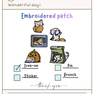 Puede incluir: Imagen de parches bordados con diseños de gatos. Los parches incluyen un gato enroscado, un gato en un microondas y un gato en una calabaza. El texto dice "Embroidered patch", "Iron-on", "Pin", "Sticker" y "Brooch".