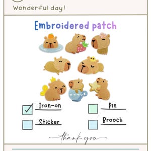 Puede incluir: Imagen que muestra parches bordados con diseños de carpinchos. Los parches muestran carpinchos en varias poses, con detalles como una corona o una fresa. El texto "Embroidered patch" está presente, con opciones para planchar, pegatina, pin y broche.