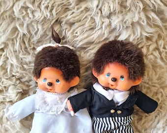 Conjunto de muñecos de boda vintage Monchhichi – Sekiguchi 1974 Novia y novio Kawaii Coleccionable