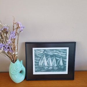 Vintage Abstracte Ets van Regatta - Handgesigneerd 1990 - Ingelijste Grafiek Zeilboten