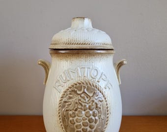 Barattolo Rumtopf vintage con coperchio, in ceramica stile Germania Ovest, con motivo a grappolo d'uva, contenitore rustico per alimenti
