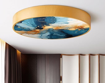 Blue Golden Watercolor Flush Mount Ceiling Light W/ Remote