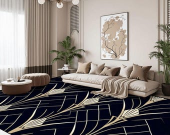 May include: A living room featuring a large, dark blue rug with a gold art deco design. The room includes a beige sofa with throw pillows, a coffee table, and a framed artwork. The walls are a neutral color, and there are potted plants.