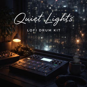 May include: A dimly lit scene featuring a music production setup. A black drum machine with illuminated pads sits on a desk, with headphones and a coffee cup nearby. The text "Quiet Lights LOFI DRUM KIT" is displayed above a cityscape background.