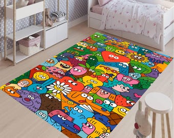 Tapis à motifs colorés et ludiques avec personnages de dessins animés mignons, décoration pour chambre ou salle de jeux d'enfant.