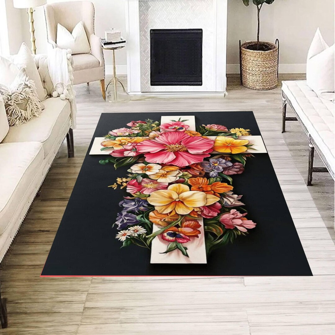 Floral Cross Area Rug, Christian Home Decor Carpet, Colorful Flower ...