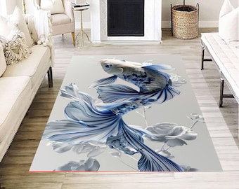 Elegant Blue Koi Fish Rug, Artistic Water Inspired Carpet, Modern Living Room Mat, Serene Ocean Theme Floor Decor, Tranquil Home Accent