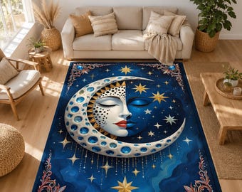 Tapis de salon bleu marine à motif de lune céleste et d'étoiles, style bohème mystique