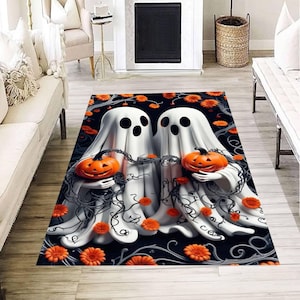 Ghost Couple Rug, Cute Halloween Spirit Carpet, Pumpkin Holding Ghosts Mat, Spooky Floral Decor, Fun Fall Accent for Kids or Family Room