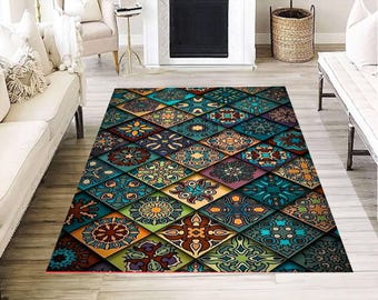 Tapis de salon style bohème, motif mosaïque géométrique coloré, bleu sarcelle, marron et or
