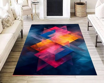 Tapis géométrique abstrait à rectangles colorés superposés, style contemporain moderne, bleu, pour salon.