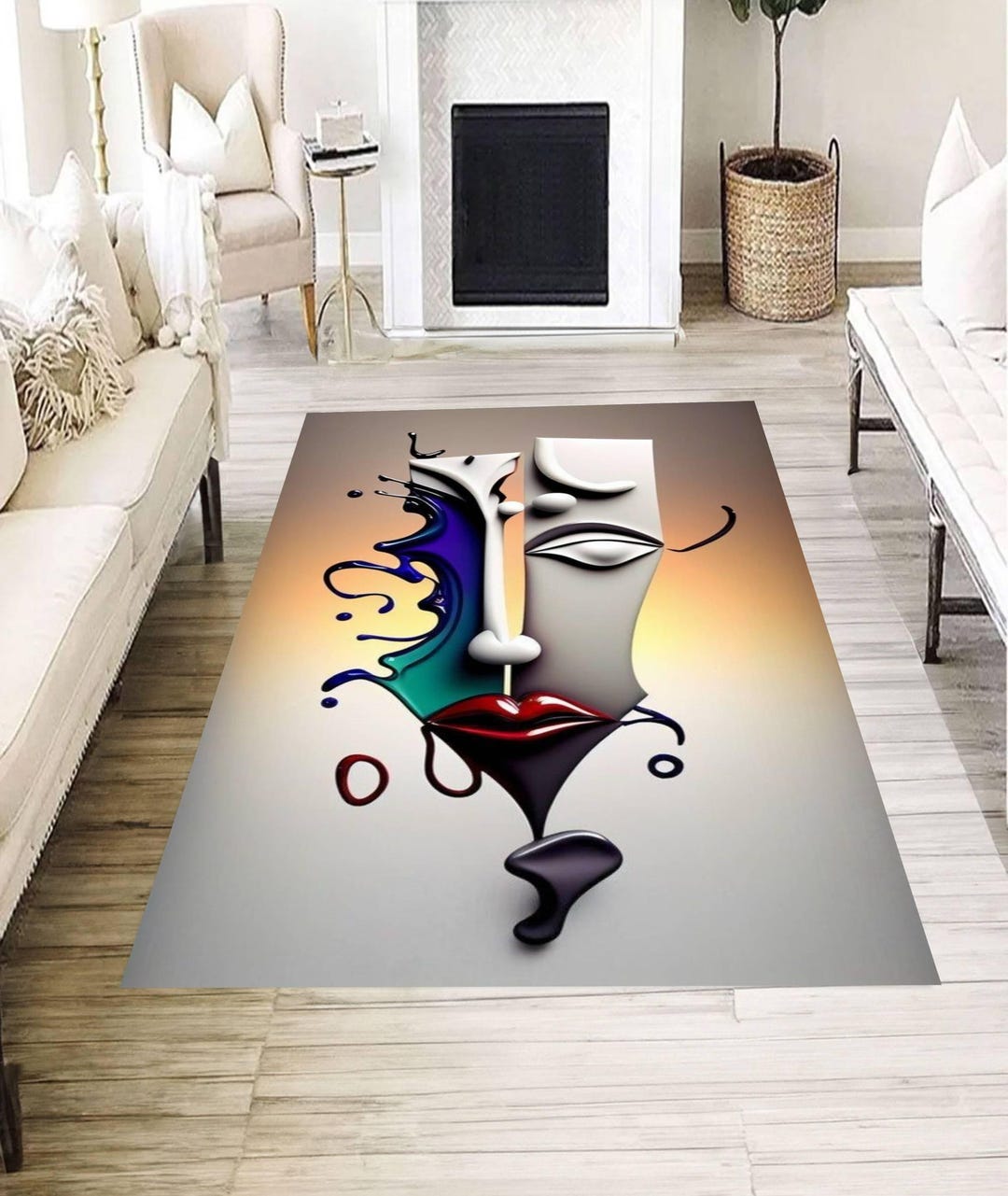 Expressions Rugs Abstract Face Art Rug, Modern Colorful Expression Rug, Bold Artistic ...