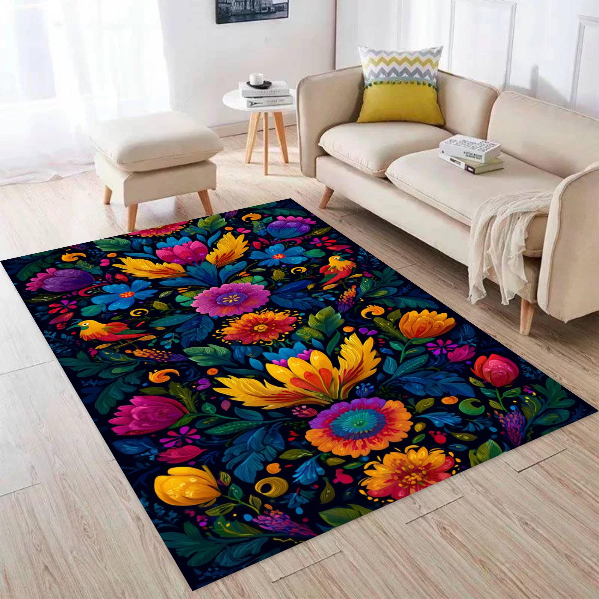 Colorful Folk Art Rug, Floral Pattern Carpet, Boho Living Room Mat ...