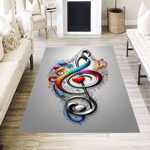 Alfombra colorida con notas musicales, alfombra artística con clave de sol, decoración moderna para amantes de la música, tapete con detalle de corazón, pieza decorativa vibrante para sala de estar.