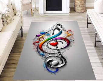 Colorful Music Note Rug, Artistic Treble Clef Carpet, Modern Music Lover Decor, Heart Detail Floor Mat, Vibrant Living Room Accent Piece