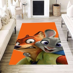 Alfombra de dibujos animados de Zootopia para habitación infantil, adorable alfombra de zorro y conejito, divertida alfombra para sala de juegos, colorida decoración infantil, idea de regalo para niños.