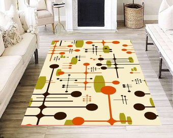 Tapis rectangulaire géométrique abstrait style Mid-Century, crème, orange, olive, marron, motif atomique, revêtement de sol intérieur contemporain