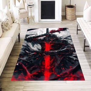 Dark Knight Warrior Rug, Red Flame Fantasy Carpet, Epic Anime Style Floor Mat, Bold Gamer Room Decor, Cool Gift for Teen Boys or Fans