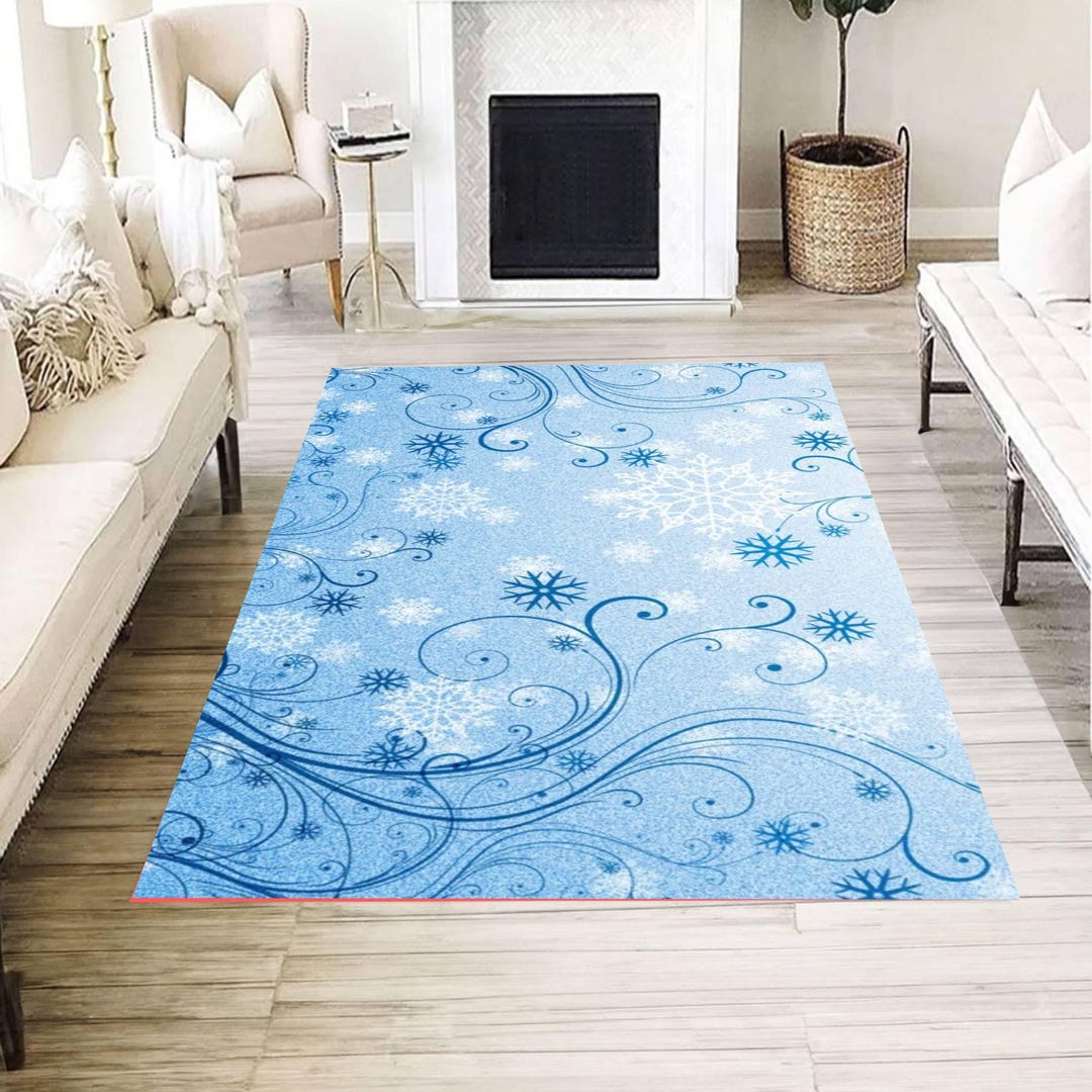 Round Blue Snowflake Rug Blue Snowflake Area Rug, Elegant Winter Swirl Pattern Floor Decor for ...