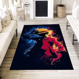 Colorful anime inspired rug, modern abstract character carpet, fire and water art floor mat, unique room decor, cool gamer home accent