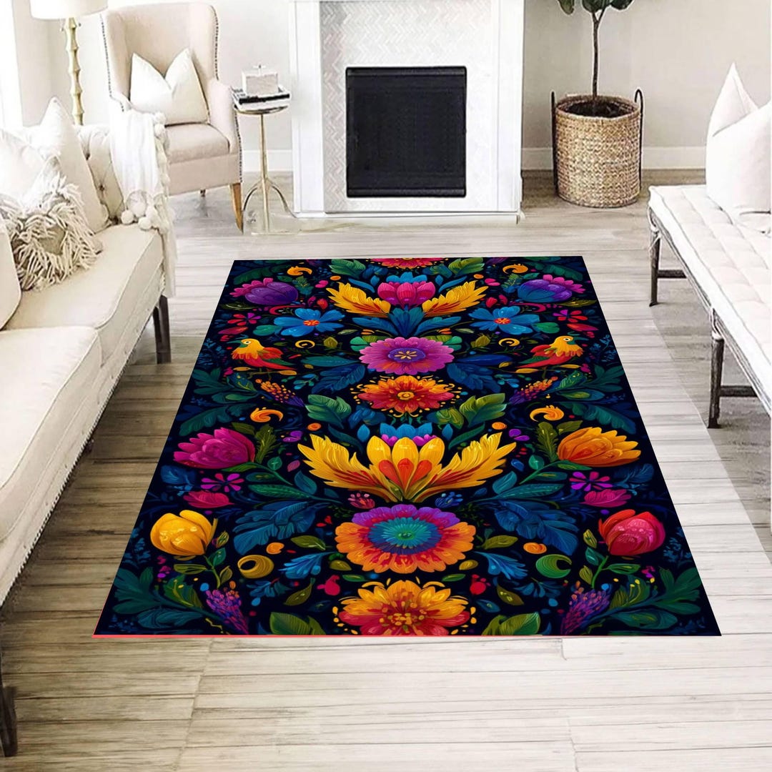Colorful Folk Art Rug, Floral Pattern Carpet, Boho Living Room Mat ...