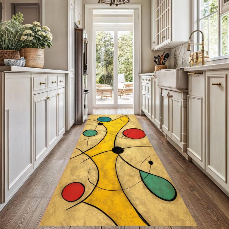 May include: A yellow and beige abstract runner rug with red, teal, and black circular and teardrop shapes. The rug is in a kitchen with white cabinets and a wooden floor.