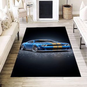Blue Muscle Car Area Rug, Modern Sports Car Design Carpet, Cool Racing Decor Mat, Garage Man Cave Accent, Gift for Car Lovers and Boys Room