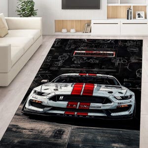 Muscle Car Blueprint Rug, Modern Automotive Art Area Carpet for Garage ...