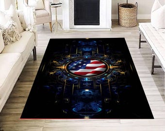 Tapis emblème du drapeau américain bleu foncé doré à motifs géométriques tapis de décoration de salon patriotique