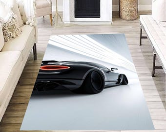 Luxury Black Sports Car Rug, Modern Speed Auto Carpet, Sleek Racing Car Floor Mat, Cool Garage Decor, Gift for Car Enthusiasts and Drivers