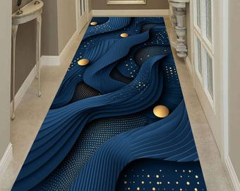 Abstract Blue Wave Runner Rug, Modern Gold Dot Pattern Hallway Floor Carpet Decor