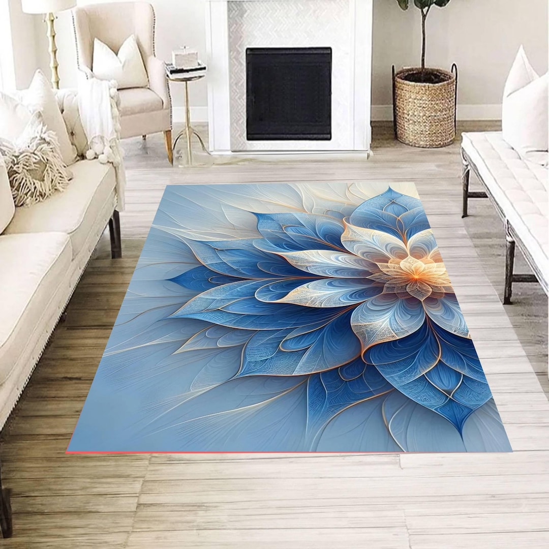 Modern Rug Lotus Rug Blue Lotus Flower Rug, Large Mandala Carpet, Boho Meditation Floor Mat ...