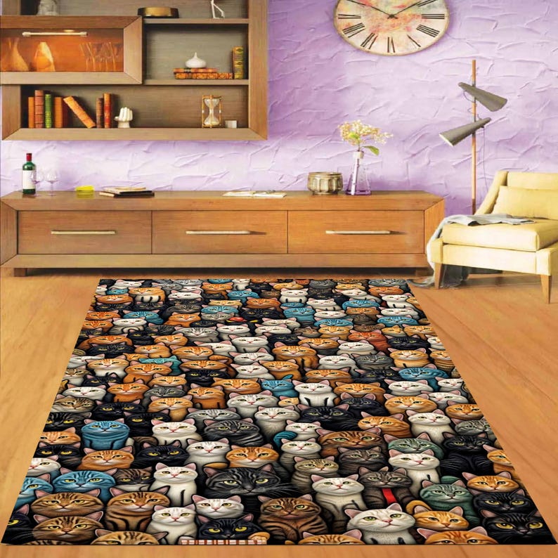 Colorful Cat Pattern Rug, Cute Kitty Design Carpet, Fun Pet Lovers ...