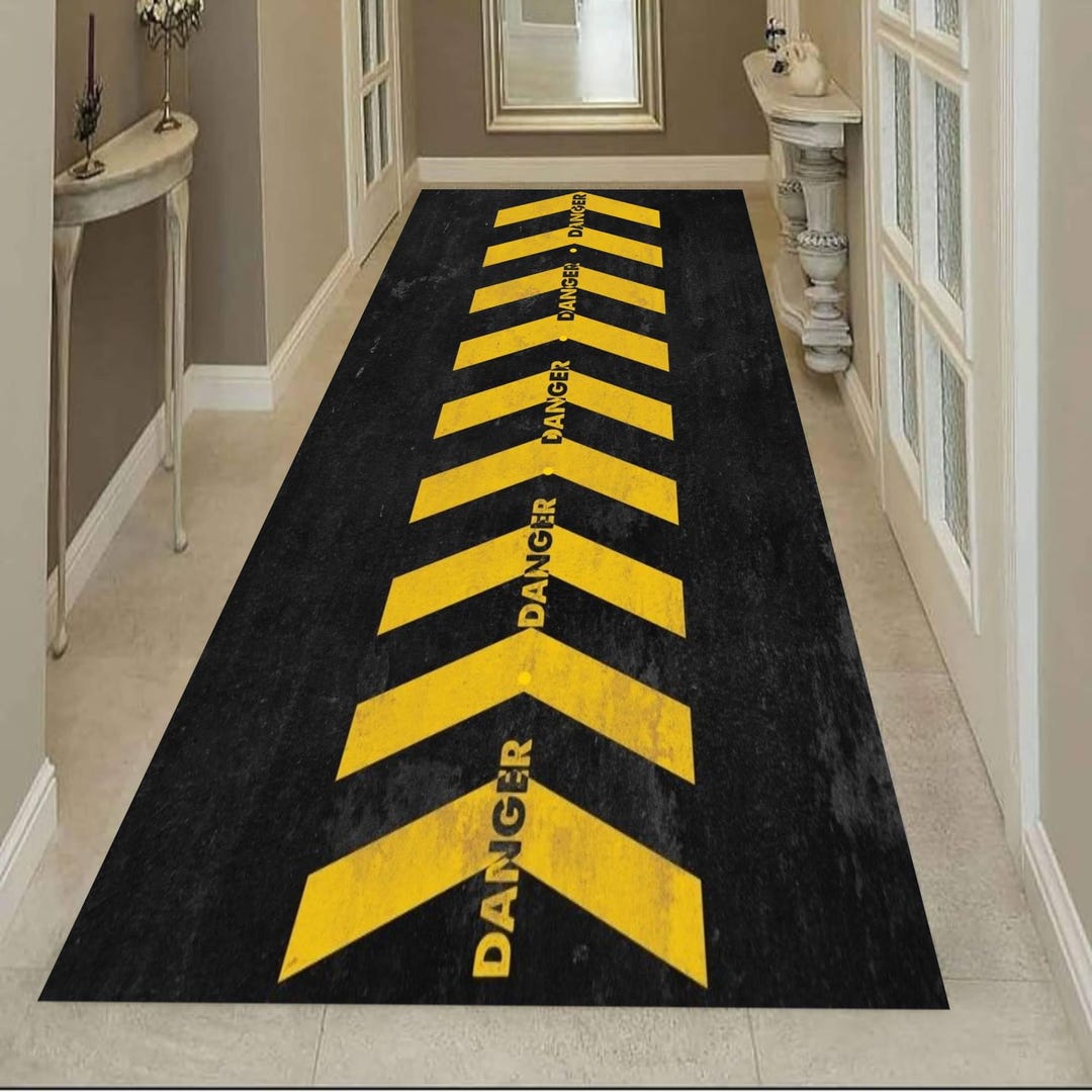 Caution Rug Industrial Warning Stripe Runner Rug, Black Yellow Hazard Pattern ...