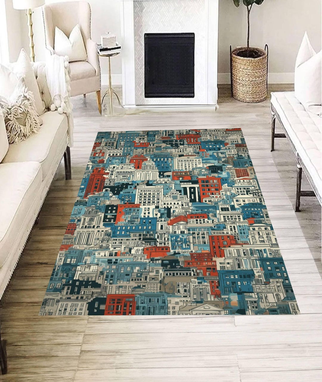 Urban Cityscape Illustration Area Rug, Modern Architectural Pattern ...