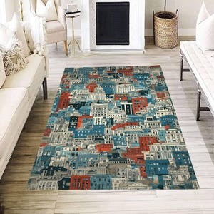 Colorful Cityscape Rug, Urban Architecture Carpet, Modern Skyline Floor Mat, Vibrant City Buildings Decor, Cool Gift for Home or Office