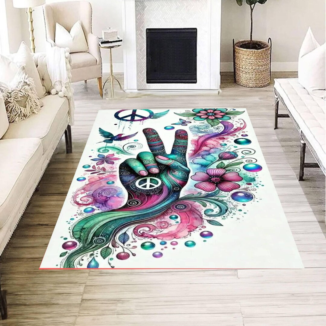 Peace Rug Resolution Colorful Peace Hand Symbol Rug, Bohemian Hippie Art Carpet, Psychedelic ...