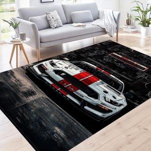 Muscle Car Blueprint Rug, Modern Automotive Art Area Carpet for Garage ...