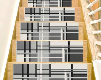 Modern Stair Treads Rug, Non Slip Step Carpet, Washable Stair Runner, Grey Geometric Step Mat, Indoor Safety Stair Rug, Durable Stair Cover