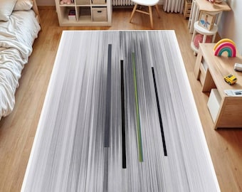 Tapis minimaliste abstrait, motif linéaire gris, décoration de sol géométrique moderne pour salon