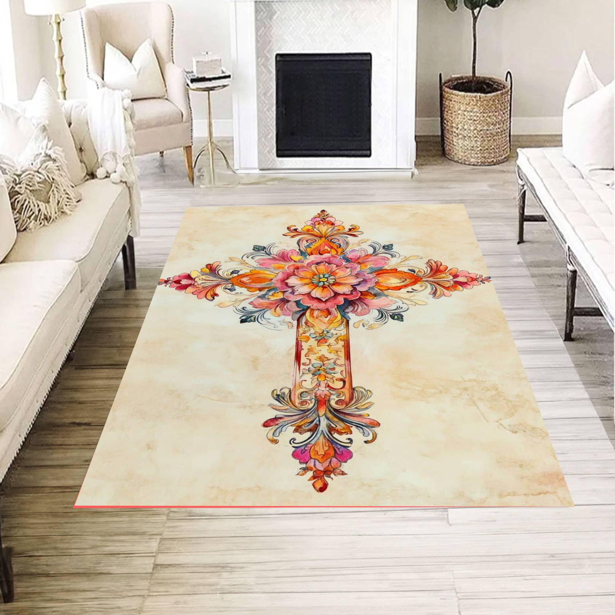 Floral Cross Illustration Area Rug, Vintage Inspired Religious Symbol ...