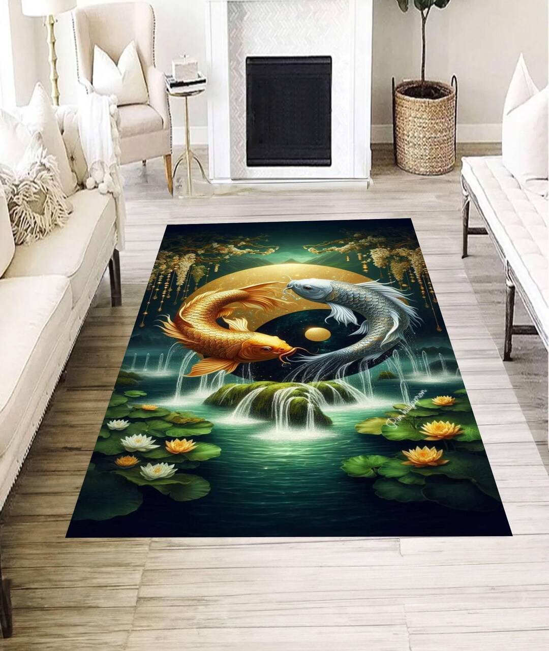 Yin Yang Koi Fish Rug, Zen Waterfall Carpet, Asian Inspired Floor Mat ...