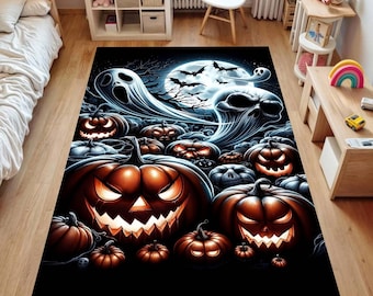 Alfombra de fantasmas de Halloween, alfombra de dormitorio con murciélagos iluminados por la luna y calabazas de Halloween