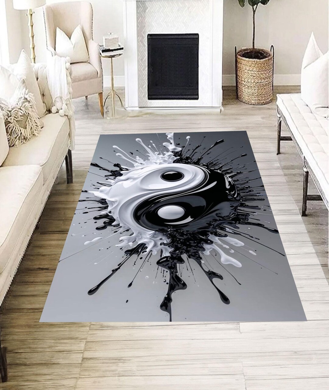Modern Yin Yang Splash Rug, Black and White Abstract Floor Mat, Zen ...