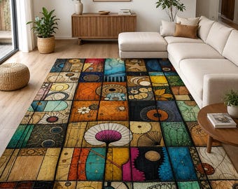 Tapis patchwork géométrique abstrait multicolore à panneaux rectangulaires et motifs botaniques circulaires, revêtement de sol contemporain pour salon