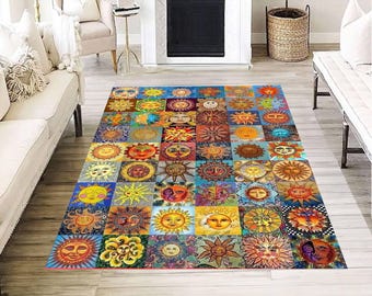 Tapis coloré en mosaïque avec visage soleil, motif de carreaux célestes, tapis éclectique de décoration de salon bohème